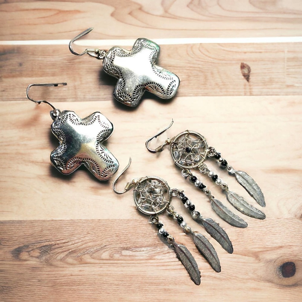 Southwestern Pair Silver Tone Earrings Cross Dreamcatcher Feathers